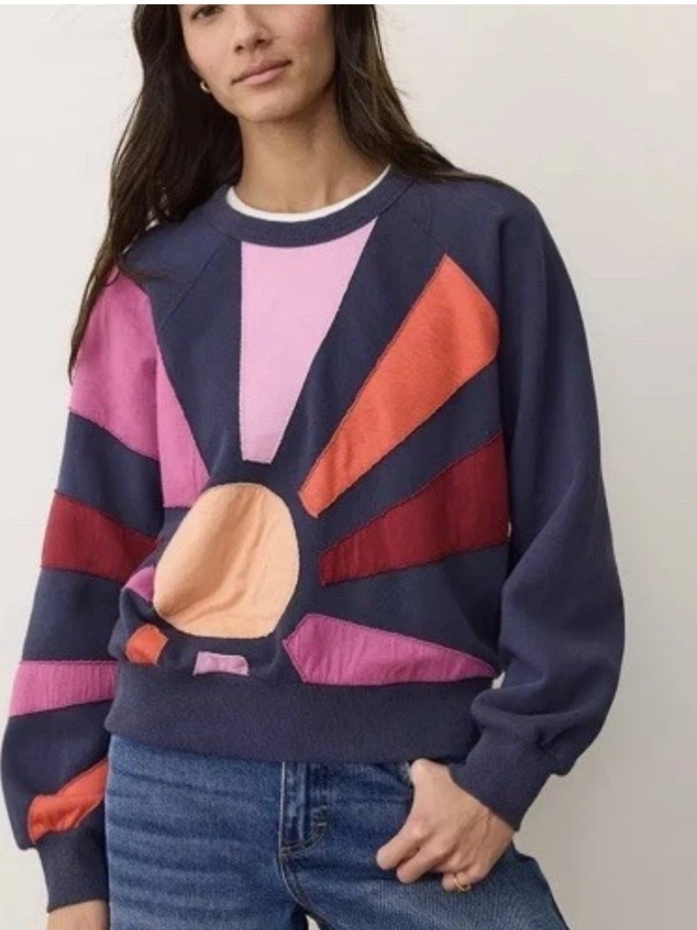 NWT Marine Layer Cloud 9 Fleece Navy Sunburst Sweatshirt XS Sun Applique Top